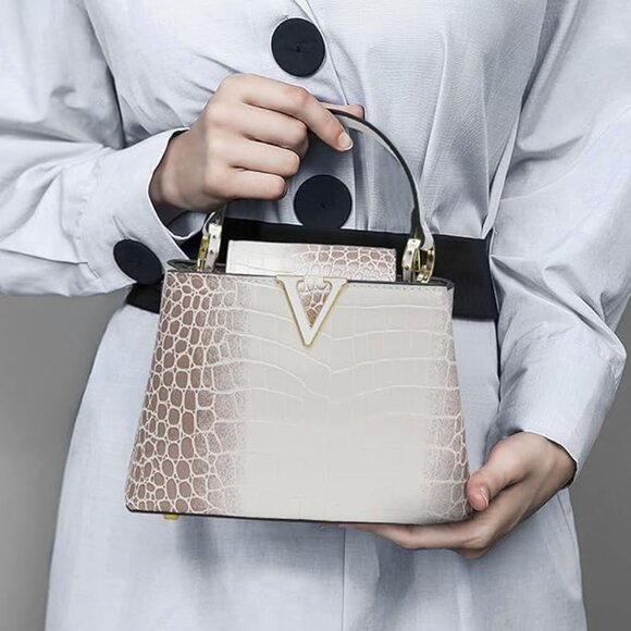 Neiman Marcus Croc Embossed Leather V Crossbody Bag - Picture 1 of 5